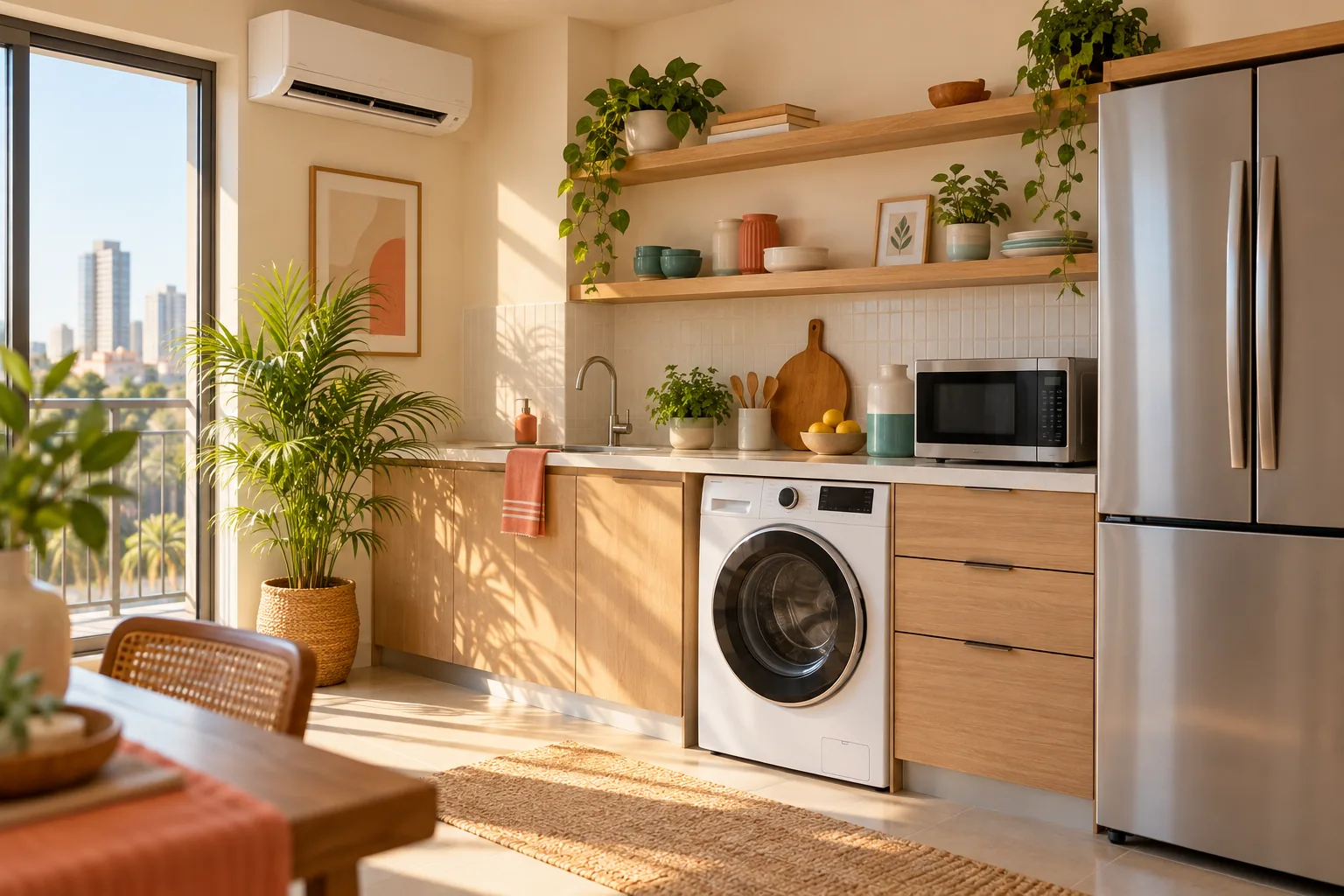 Sunlit home with a washing machine, refrigerator, microwave and air conditioner